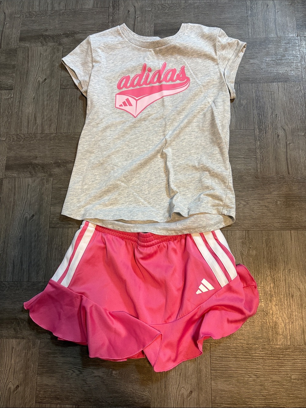 adidas Girls Pink Ruffle Athletic Skort with Gray Logo Tee